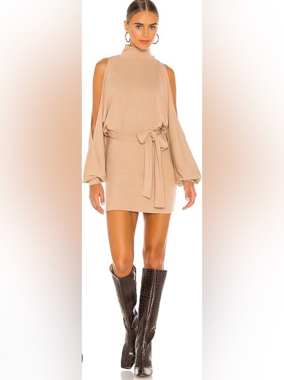 Lovers and Friends Gloria Mini Ribbed Belted Stretchy Dress in‎ Toast XS Autumn
